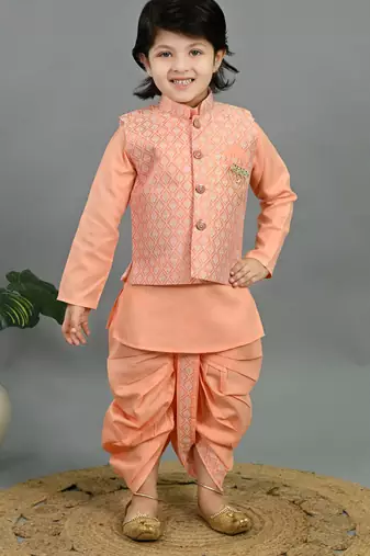 Boys peach cotton silk geometric buti motifs kurta & dhoti set with waistcoat