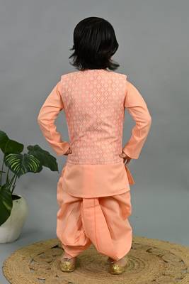 Boys peach cotton silk geometric buti motifs kurta & dhoti set with waistcoat 2