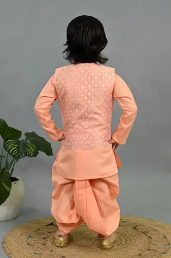 Boys peach cotton silk geometric buti motifs kurta & dhoti set with waistcoat