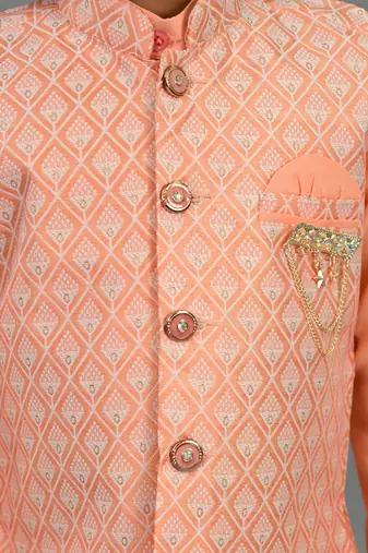 Boys peach cotton silk geometric buti motifs kurta & dhoti set with waistcoat