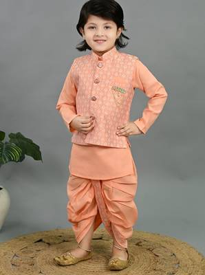 Boys peach cotton silk geometric buti motifs kurta & dhoti set with waistcoat 4