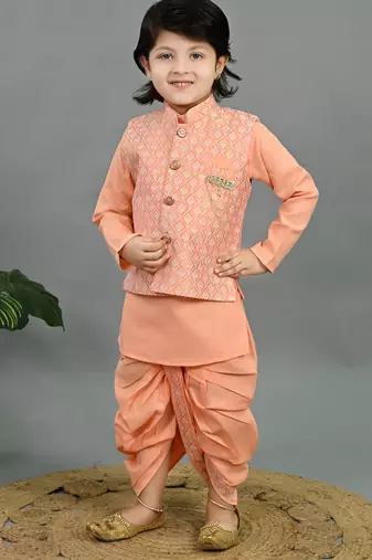 Boys peach cotton silk geometric buti motifs kurta & dhoti set with waistcoat
