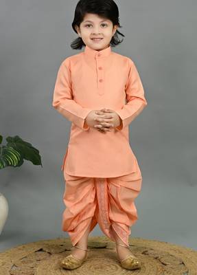 Boys peach cotton silk geometric buti motifs kurta & dhoti set with waistcoat 5