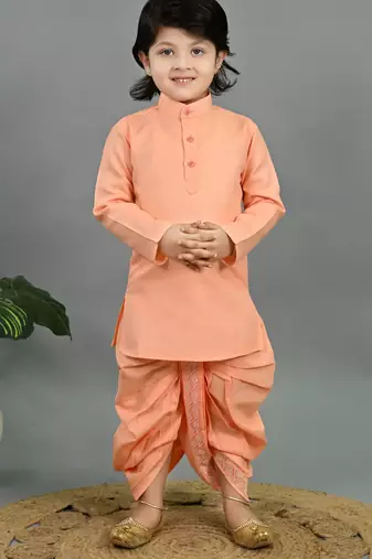 Boys peach cotton silk geometric buti motifs kurta & dhoti set with waistcoat