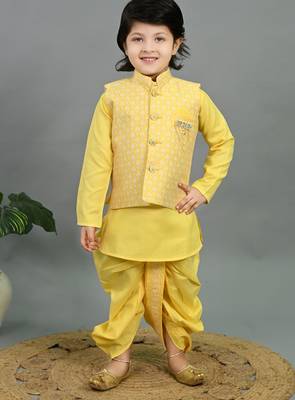 Boys yellow cotton silk geometric buti motifs kurta & dhoti set with waistcoat 1