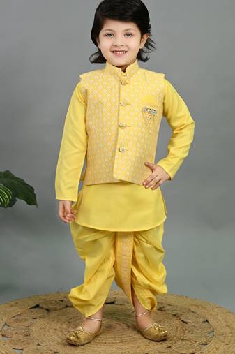 Boys yellow cotton silk geometric buti motifs kurta & dhoti set with waistcoat