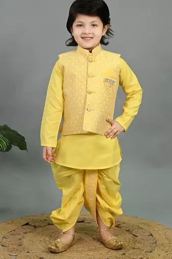 Boys yellow cotton silk geometric buti motifs kurta & dhoti set with waistcoat
