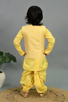 Boys yellow cotton silk geometric buti motifs kurta & dhoti set with waistcoat 2