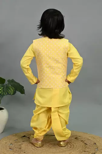 Boys yellow cotton silk geometric buti motifs kurta & dhoti set with waistcoat