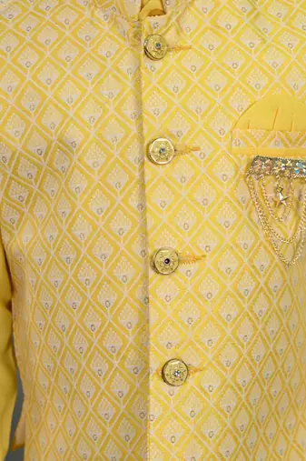 Boys yellow cotton silk geometric buti motifs kurta & dhoti set with waistcoat