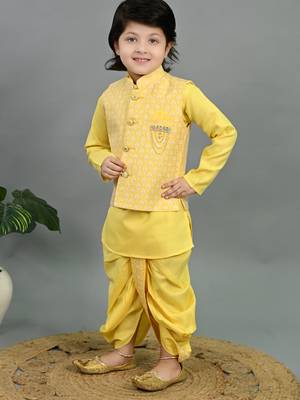 Boys yellow cotton silk geometric buti motifs kurta & dhoti set with waistcoat 4