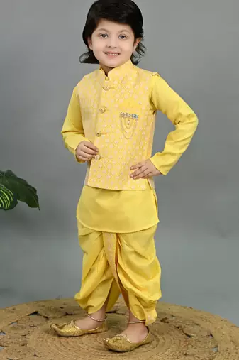 Boys yellow cotton silk geometric buti motifs kurta & dhoti set with waistcoat