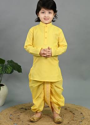 Boys yellow cotton silk geometric buti motifs kurta & dhoti set with waistcoat 5