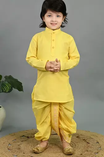 Boys yellow cotton silk geometric buti motifs kurta & dhoti set with waistcoat