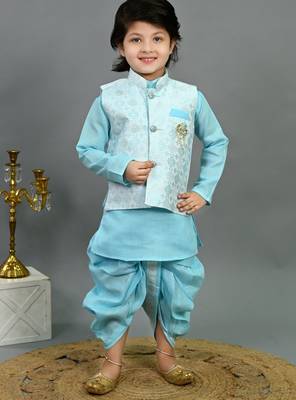 Boys aqua blue cotton silk geometric floral motifs kurta & dhoti set with waistcoat 1
