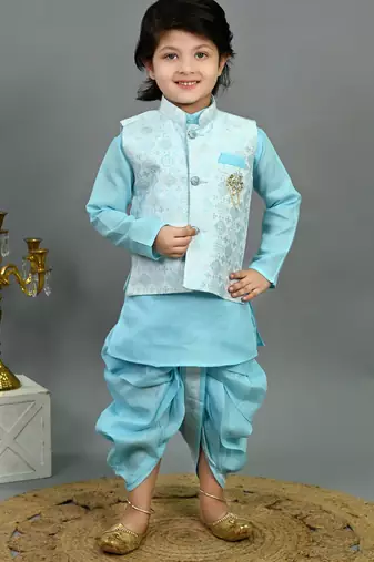 Boys aqua blue cotton silk geometric floral motifs kurta & dhoti set with waistcoat