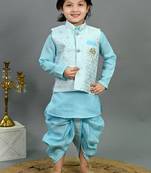 Boys aqua blue cotton silk geometric floral motifs kurta & dhoti set with waistcoat