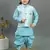 Boys aqua blue cotton silk geometric floral motifs kurta & dhoti set with waistcoat