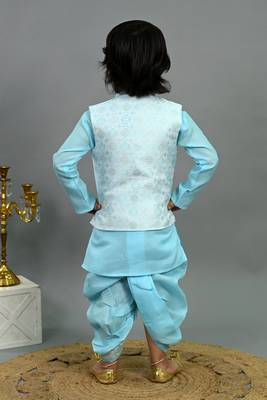 Boys aqua blue cotton silk geometric floral motifs kurta & dhoti set with waistcoat 2