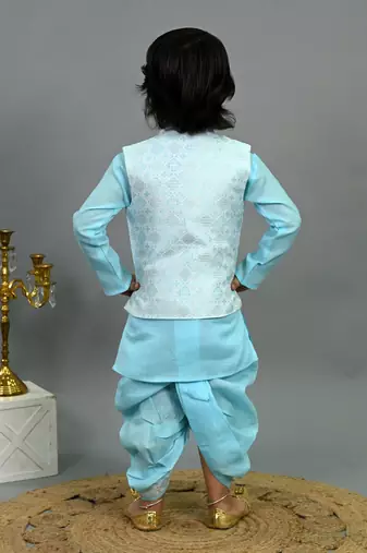 Boys aqua blue cotton silk geometric floral motifs kurta & dhoti set with waistcoat