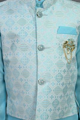 Boys aqua blue cotton silk geometric floral motifs kurta & dhoti set with waistcoat 3