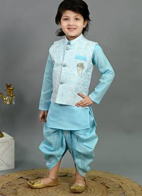 Boys aqua blue cotton silk geometric floral motifs kurta & dhoti set with waistcoat 4
