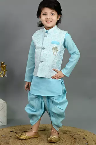 Boys aqua blue cotton silk geometric floral motifs kurta & dhoti set with waistcoat