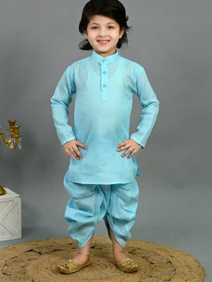 Boys aqua blue cotton silk geometric floral motifs kurta & dhoti set with waistcoat 5