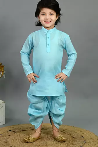 Boys aqua blue cotton silk geometric floral motifs kurta & dhoti set with waistcoat