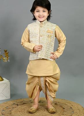 Boys fawn cotton silk geometric floral motifs kurta & dhoti set with waistcoat 1