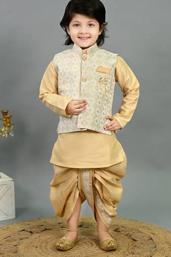 Boys fawn cotton silk geometric floral motifs kurta & dhoti set with waistcoat