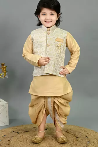 Boys fawn cotton silk geometric floral motifs kurta & dhoti set with waistcoat