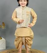Boys fawn cotton silk geometric floral motifs kurta & dhoti set with waistcoat