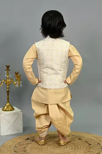 Boys fawn cotton silk geometric floral motifs kurta & dhoti set with waistcoat