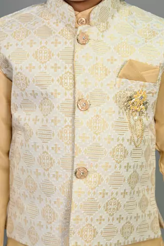 Boys fawn cotton silk geometric floral motifs kurta & dhoti set with waistcoat