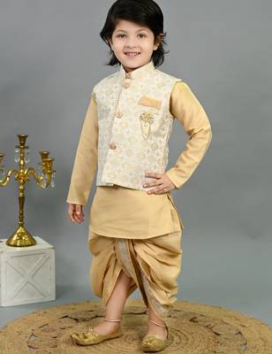 Boys fawn cotton silk geometric floral motifs kurta & dhoti set with waistcoat 4