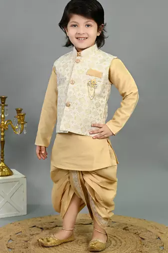 Boys fawn cotton silk geometric floral motifs kurta & dhoti set with waistcoat