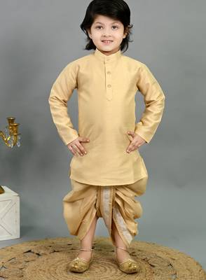 Boys fawn cotton silk geometric floral motifs kurta & dhoti set with waistcoat 5