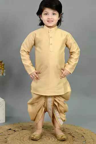 Boys fawn cotton silk geometric floral motifs kurta & dhoti set with waistcoat