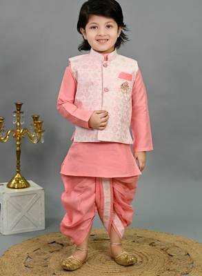 Boys pink cotton silk geometric floral motifs kurta & dhoti set with waistcoat 1