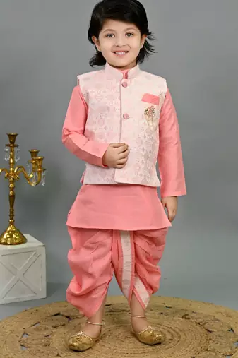 Boys pink cotton silk geometric floral motifs kurta & dhoti set with waistcoat