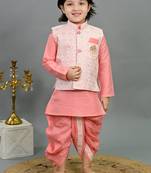 Boys pink cotton silk geometric floral motifs kurta & dhoti set with waistcoat