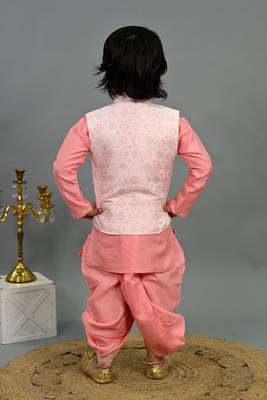 Boys pink cotton silk geometric floral motifs kurta & dhoti set with waistcoat 2