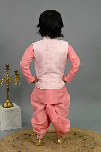 Boys pink cotton silk geometric floral motifs kurta & dhoti set with waistcoat