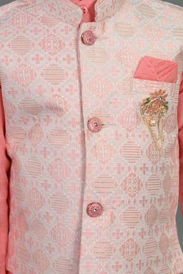 Boys pink cotton silk geometric floral motifs kurta & dhoti set with waistcoat 3