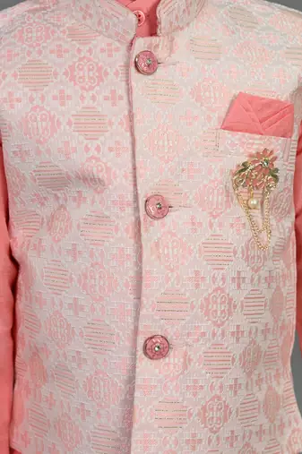 Boys pink cotton silk geometric floral motifs kurta & dhoti set with waistcoat