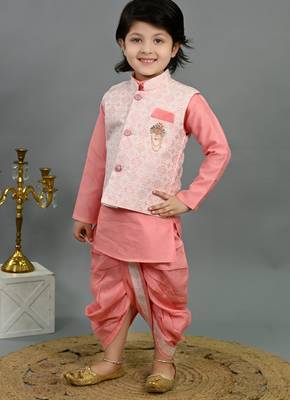 Boys pink cotton silk geometric floral motifs kurta & dhoti set with waistcoat 4
