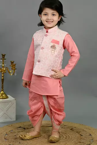 Boys pink cotton silk geometric floral motifs kurta & dhoti set with waistcoat