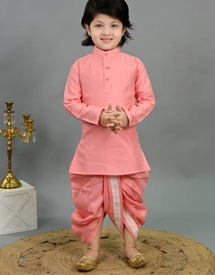 Boys pink cotton silk geometric floral motifs kurta & dhoti set with waistcoat 5