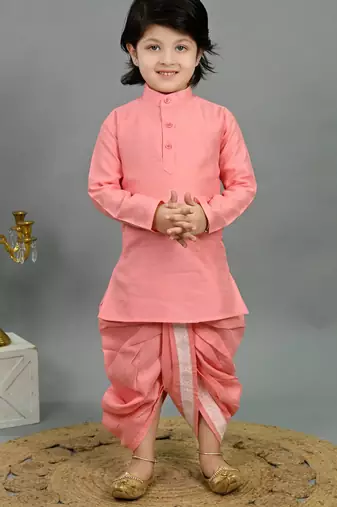 Boys pink cotton silk geometric floral motifs kurta & dhoti set with waistcoat
